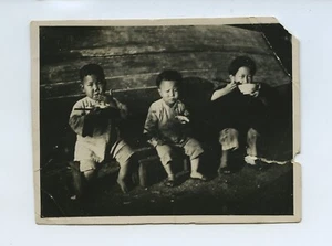 3 Boys In China Eating Food c1930s Snapshot Photo  - Picture 1 of 1