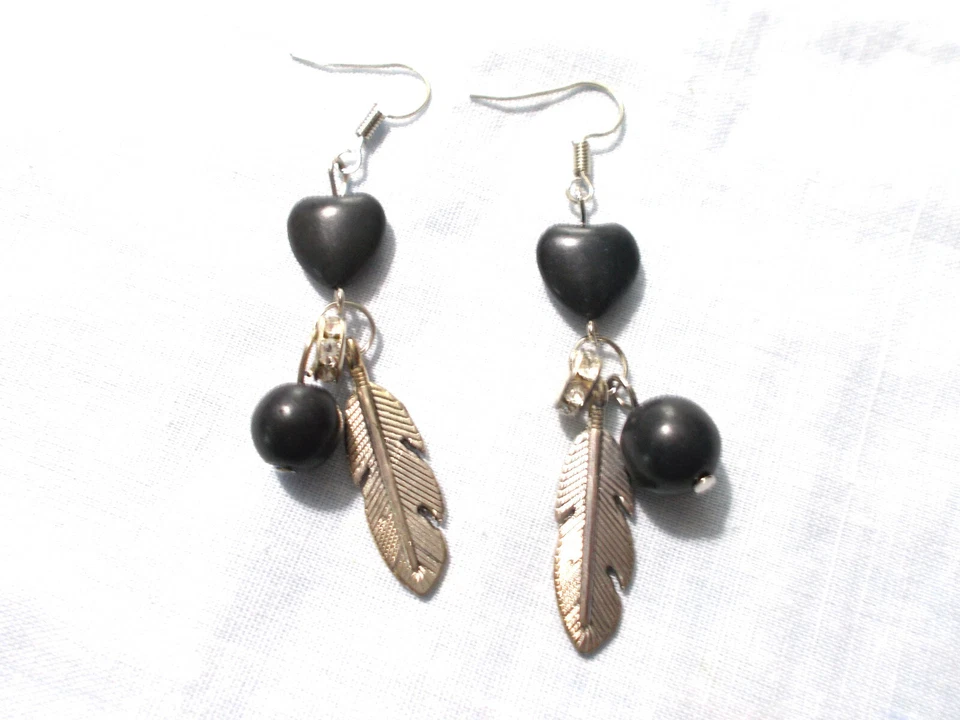 PENDIENTES PLACA PLATA GEMA HOWLITA NEGRA ANILLO CRISTAL BOLA PLUMA CORAZÓN 4 PARTES  Foto 1 de 1