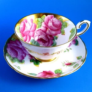 Stunning Hand Painted Pink Cabbage Roses and Gold Tuscan Tea Cup and Saucer Set - Picture 1 of 6