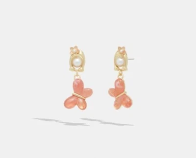 COACH butterfly drop earrings, pink, gold, pearl, NEW in original packaging - Imagem 1 de 2