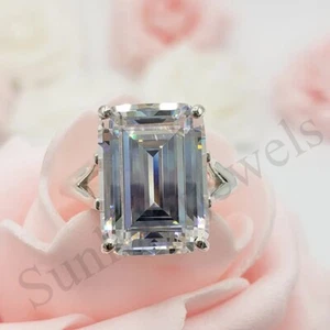 RARE 12.30 Ct Off White Emerald Cut Treated Diamond Ring 925 Sterling Silver - Picture 1 of 9