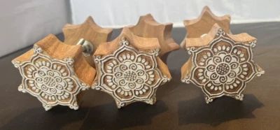 Lot of 6 Indian Wooden Cabinet Pulls Carved Printing Block Stamp Mandala Knobs - Image 1 of 4
