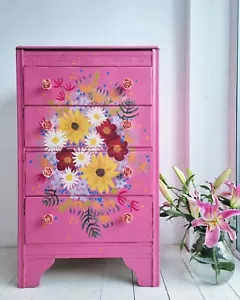 TALL CHEST OF DRAWERS pink HAND PAINTED floral bedside cabinet flowers Lebus - Picture 1 of 20