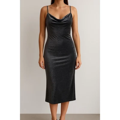 Vestido BCBG Max Azria cinza veludo alça espaguete tamanho 2 anos 90 minimalista - Imagem 1 de 4