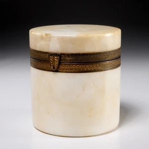 Italian Alabaster Marble Brass Rim Round Trinket Jewelry Vanity Box 4.25"dia - Picture 1 of 8