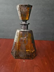 RARE ANTIQUE AMBER GLASS SILVER OVERLAY LADY DECANTER BOTTLE 8 5/8" VICTORIAN - Picture 1 of 10