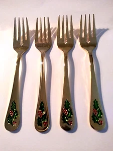 Holly Berry Besteck 4 Wüstengabeln Gold Edelstahl Weihnachten Silberbesteck - Bild 1 von 5