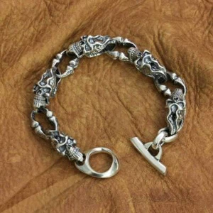 925 Sterling Silver Huge Skulls Chain Bracelet Mens Biker Jewellery TA263B BZ - Picture 1 of 15
