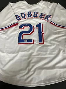 Jake Burger Texas Rangers handsigniertes individuelles Trikot Beckett Witness Holo weiß. - Bild 1 von 3