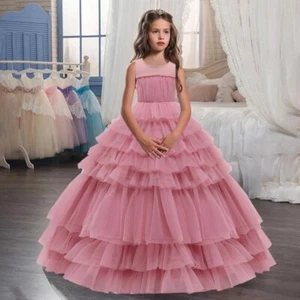 Girls Lace Dress Children Bridesmaid Party Wedding Kids Evening Princess Dresses - Picture 1 of 21