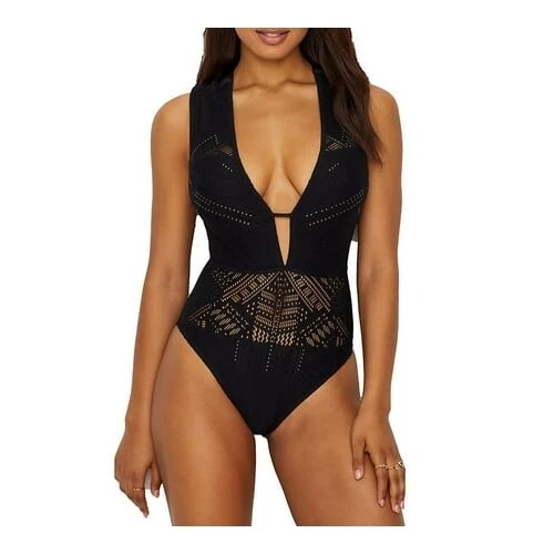 Kenneth Cole Black/see You Swoon Front Cap Sleeve One Piece Swimsuit US Medium