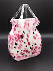 HandBlown Studio Art Glass Vase Bag White W/ Pink Black Drops Clear Handles