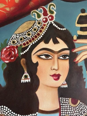 Pintura al óleo sobre lienzo estilo Qajar persa hecha a mano | Excepcional pieza de bellas artes Foto 1 de 4