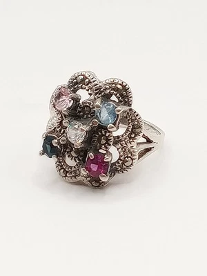 Anello Donna Vintage Argento 925 Fiore Zirconi Multicolore Misura 19  - Immagine 1 di 4
