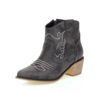 Retro Western Style Women's Embroidery Cowboy Ankle Boots Chunky Block Heels Zip - Image 1 of 4
