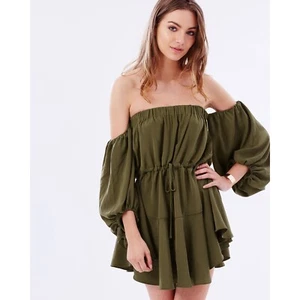 Shona Joy Womens Olive Green Leticia Off Shoulder Mini Dress Size 2 Satin - Picture 1 of 10