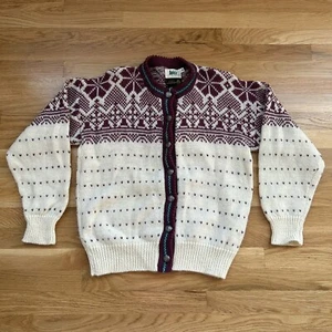 Vintage REI Women's M Wool Fair Isle Button Front Cardigan Maroon Beige - Picture 1 of 8