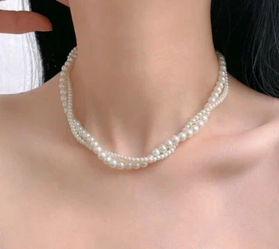 Weiße Collier Perlenkette Perlen Halskette zwei Reihe Muschelkernperlen AAA - Bild 1 von 4