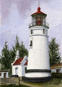 Faro del río Umpqua, bahía de Winchester, Oregon. Impresiones en acuarela de Gerald Hill - Imagen 1 de 2
