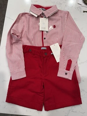 Tutto Piccolo Set Pantaloncini Camicia Bottoni Ragazzo Rosso Natale Taglia 6 Nuovo con etichette - Immagine 1 di 4