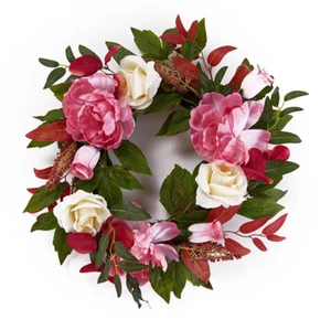 NEW Faux Peony & Rose Grapevine Wreath 17 in. Floral Wall Decor pink red & green - Picture 1 of 3