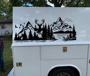RV Camper Sprinter Camping Sticker, Adventure Awaits Decal Mountains Lake Elk - Picture 1 of 8