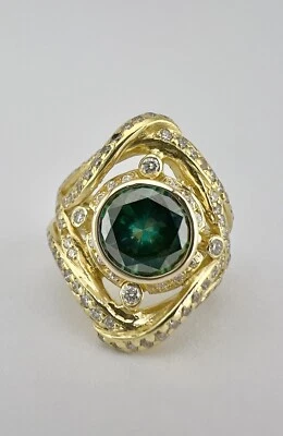 Designer 18k Yellow Gold Blue Moissanite & Diamond Pave Eternity Cluster Ring - Image 1 of 4