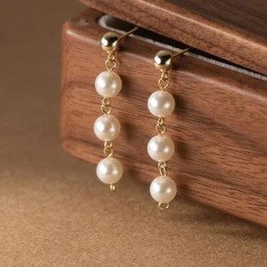 1 Pair Woman s925 Sterling Silver Beaded Pearl Earring Stud Drop Dangle - Picture 1 of 5