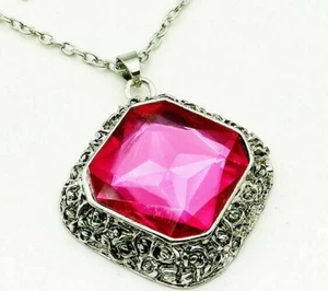 Large PINK Stone Pendant NECKLACE Silvertone Frame and Chain - Picture 1 of 3