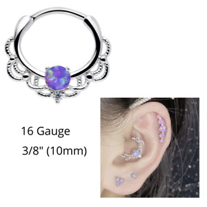 16G PURPLE OPAL LACEY STEEL SEPTUM ROUND HINGED CLICKER RING NOSE TRAGUS HOOP