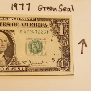 US 1977 E One Dollar Bill Uncirculated Misaligned 3rd Print Error See Green Seal - Picture 1 of 4