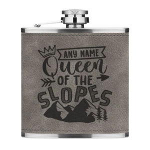 Personalised Queen Of The Slopes 6oz PU Leather Hip Flask Grey Skiing Birthday - Picture 1 of 1