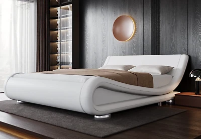 Marco De Cama Plataforma Tapizada en PU Piel Cama Queen 尺寸 Cabecera Blanca 全新 — 第 1/4 张图片