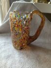 Hand Blown Handled Beer Stein Amber Multi Color Speckled Glass 6.25" tall 