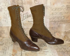 Antique Boots Victorian Edwardian Tutone Silk/Wool Leather Brown Shoes Costume - Picture 1 of 11