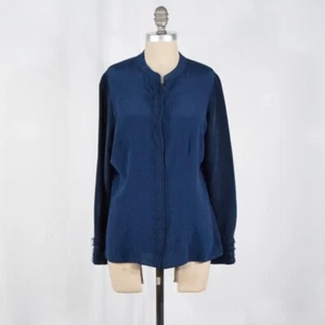 Elie Tahari Bluse M dunkelblau Seide Chiffonbesatz kragenlos minimalistisch Knopfleiste - Bild 1 von 6