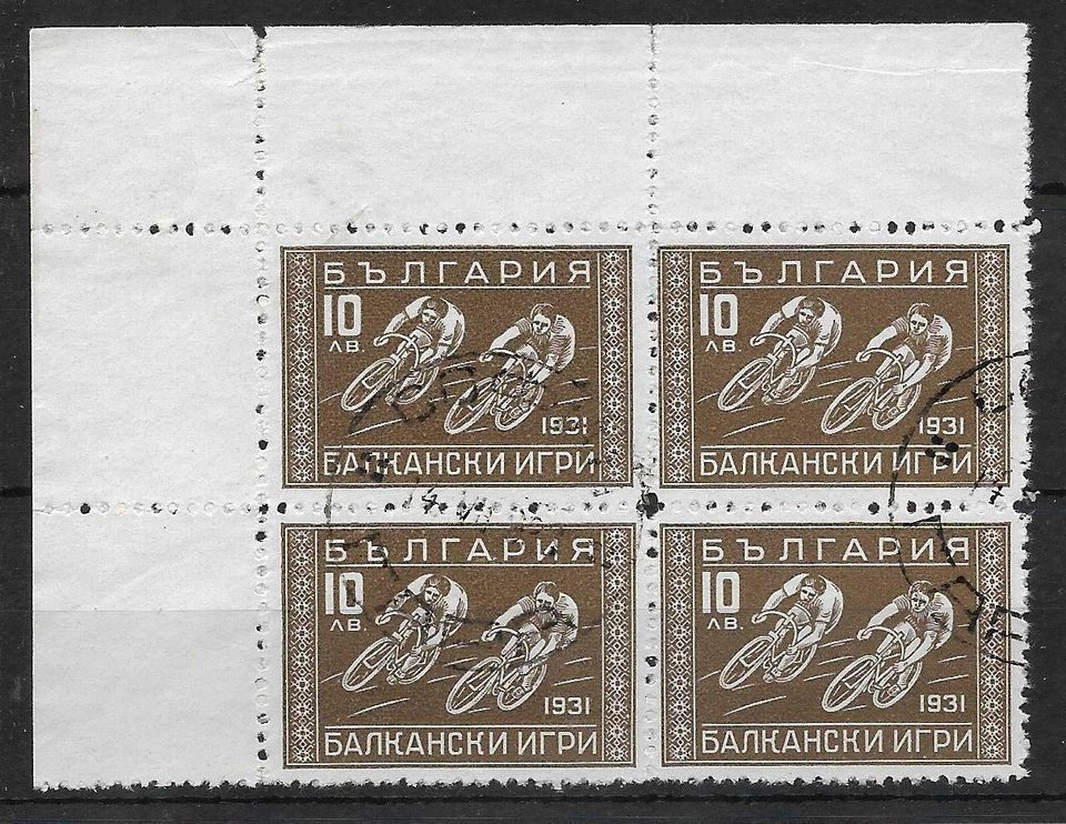 BULGARIA 1931. 10L. (CYCLING) FINE USED CORNER BLOCK OF 4. SG. 330. (1069) — 第 1/2 张图片