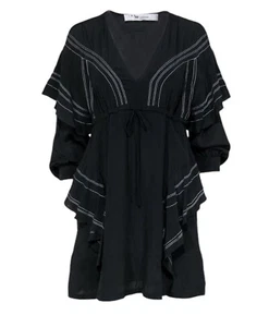 Vestido para mujer Iro Nine negro blanco seda crepé volantes manga larga ~ talla 34 UK 6 - Imagen 1 de 10