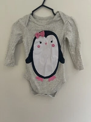 TCP Baby Girls Cute Pink Bow Penguin 100% Cotton Long Sleeve Bodysuit Gray 9-12M - Image 1 of 4