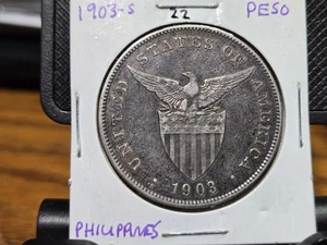 Nice Dark AU 1903-S Philippines Silver Peso.  High Grade. 22 - Picture 1 of 2
