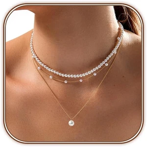 Gold Pearl Necklace for Women, Dainty 14K Gold/Silve Plated Layered Pearl Choker - Picture 1 of 12