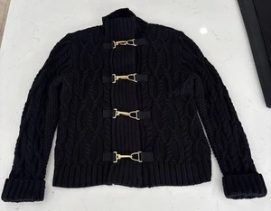 Womens Lauren Ralph Lauren blk sweater cardigan Gold Buckles zipper Petite Large - Picture 1 of 11