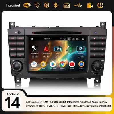 64GB Android 14 DAB+ Autoradio CarPlay Wifi CD Navi Mercedes C/G/CLC Klasse W203 - Bild 1 von 4
