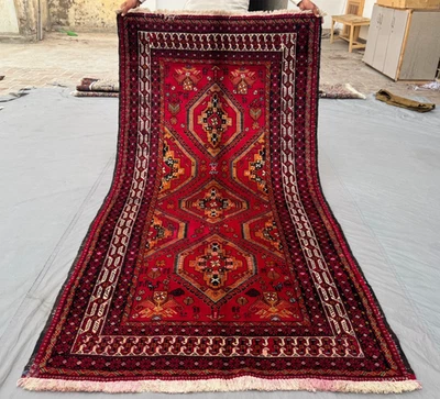 4x7 Vivid Afghan Tribal Red Rug with Bold Geometric Medallions – Vintage Nomadic - Image 1 of 4