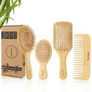 Bamboo Hair Brush Set Natural Wooden Bamboo Comb Paddle Detangling Hairbrush fo - Picture 1 of 7