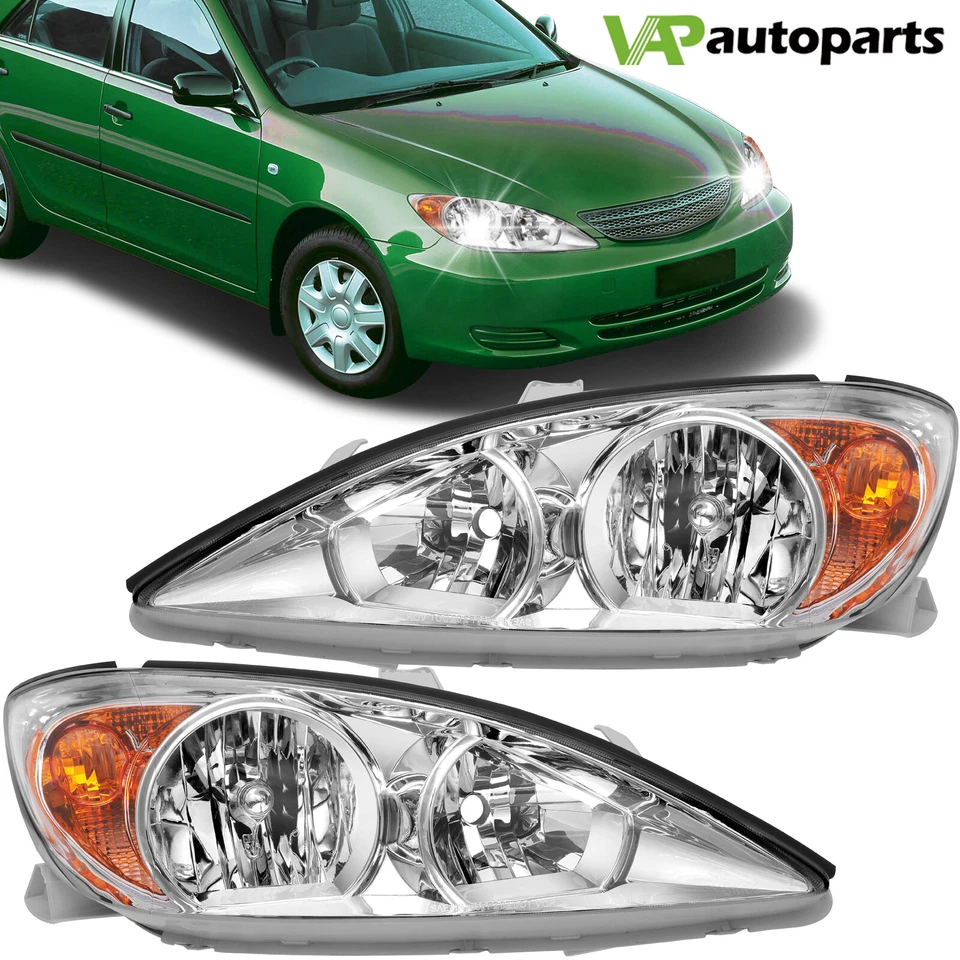 Fits 2002-2004 Toyota Camry Replacement Headlights Assembly Pair Chrome Housing - Image 1 of 4