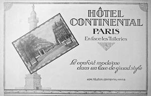 PUBLICITÉ DE PRESSE 1927 HÔTEL CONTINENTAL LUXE PARIS EN FACE LES TUILERIES - Picture 1 of 1