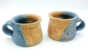 Set of Two 2 Studio Art Pottery Coffee Mugs 8oz Pinched Blue Tan Glazed -Signed - Picture 1 of 9