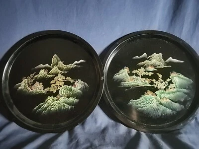  Juego de 2 bandejas para servir japonesas redondas de laca negra pintadas a mano con detalles dorados Foto 1 de 4