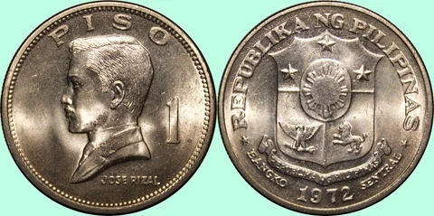 (1) 1972 Philippines Piso / Peso ~ Brilliant Uncirculated ~ KM#203 ~ C5 Cover